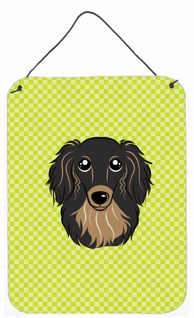 Checkerboard Lime Green Longhair Black Tan Dachshund Wall Door Hanging Prints