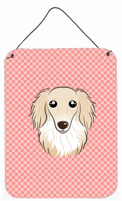 Checkerboard Pink Longhair Creme Dachshund Wall and Door Hanging Prints
