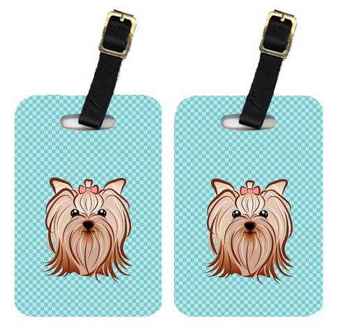 BB1142BT Pair Of Checkerboard Blue Yorkie Yorkishire Terrier Luggage Tags