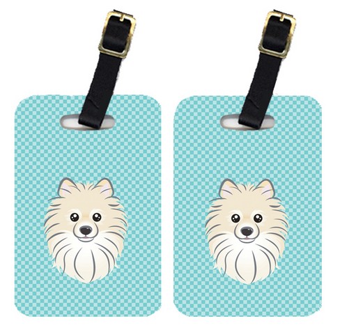 Pair Of Checkerboard Blue Pomeranian Luggage Tags