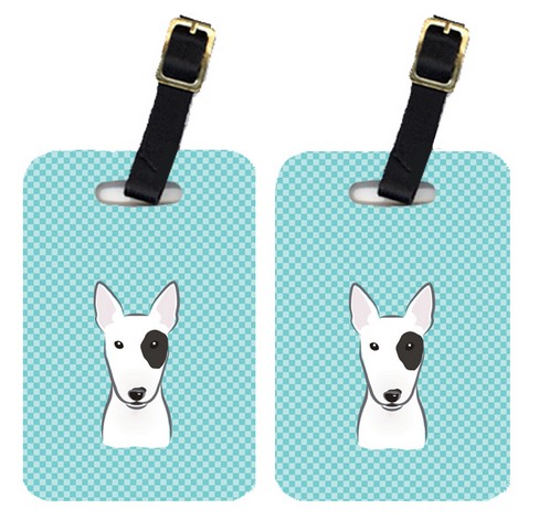 Pair Of Checkerboard Blue Bull Terrier Luggage Tags