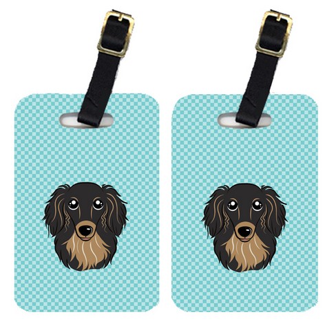 BB1151BT Pair Of Checkerboard Blue Longhair Black And Tan Dachshund Luggage Tags
