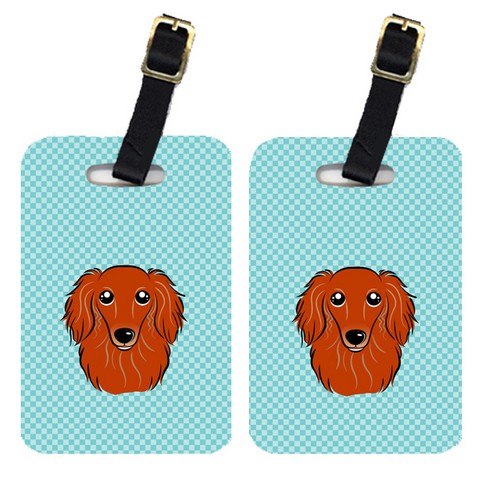 BB1152BT Pair Of Checkerboard Blue Longhair Red Dachshund Luggage Tags