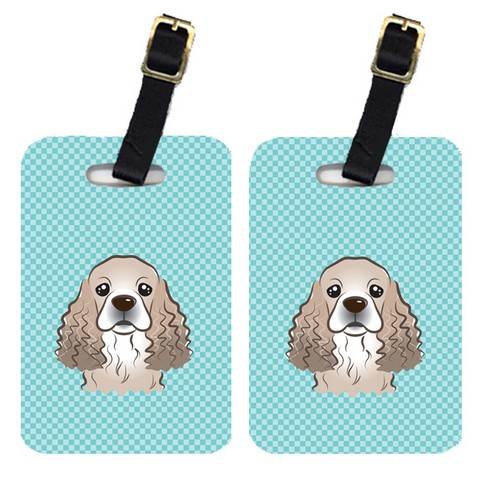 Pair Of Checkerboard Blue Cocker Spaniel Luggage Tags