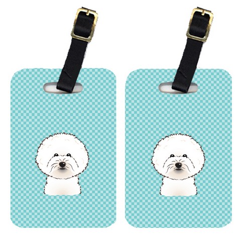 Pair Of Checkerboard Blue Bichon Frise Luggage Tags