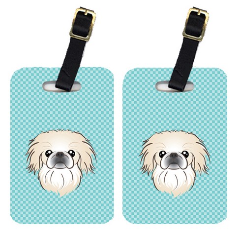 Pair Of Checkerboard Blue Pekingese Luggage Tags