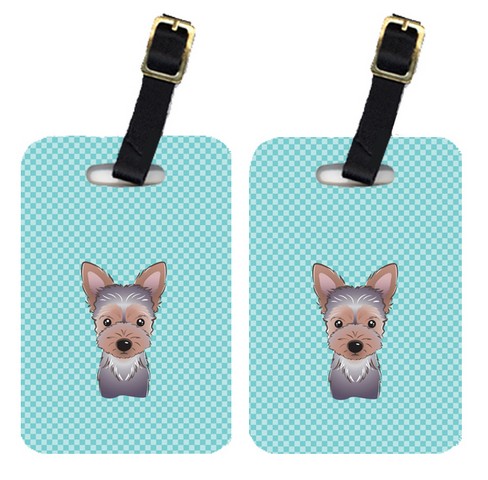 BB1170BT Pair Of Checkerboard Blue Yorkie Puppy Luggage Tags