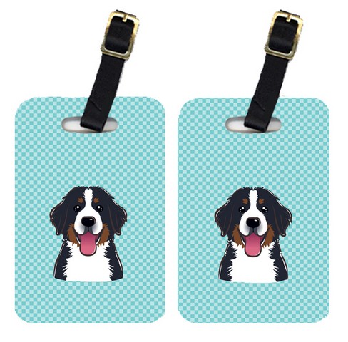 Pair Of Checkerboard Blue Bernese Mountain Dog Luggage Tags