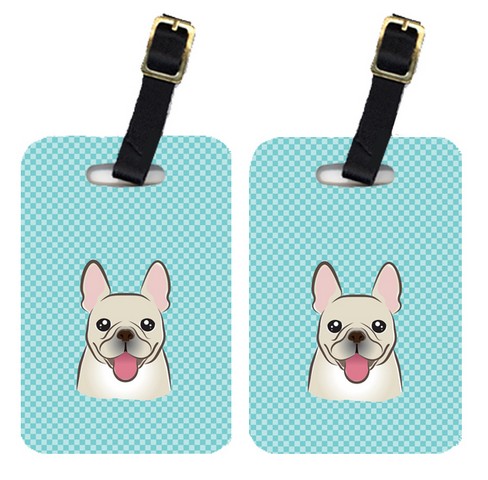 BB1176BT Pair Of Checkerboard Blue French Bulldog Luggage Tags