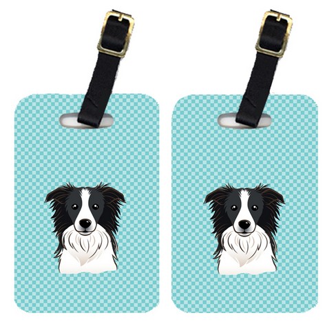 Pair Of Checkerboard Blue Border Collie Luggage Tags
