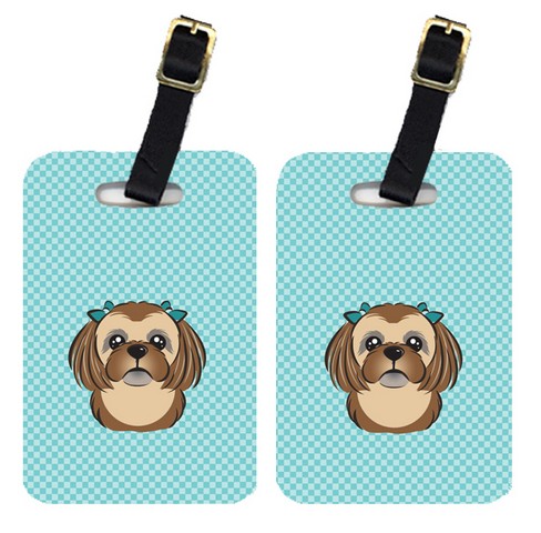 BB1187BT Pair Of Checkerboard Blue Chocolate Brown Shih Tzu Luggage Tags
