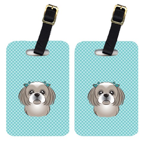 BB1188BT Pair Of Checkerboard Blue Gray Silver Shih Tzu Luggage Tags