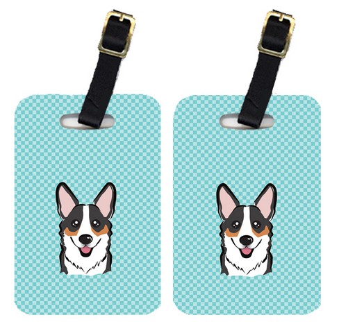 Pair Of Checkerboard Blue Corgi Luggage Tags
