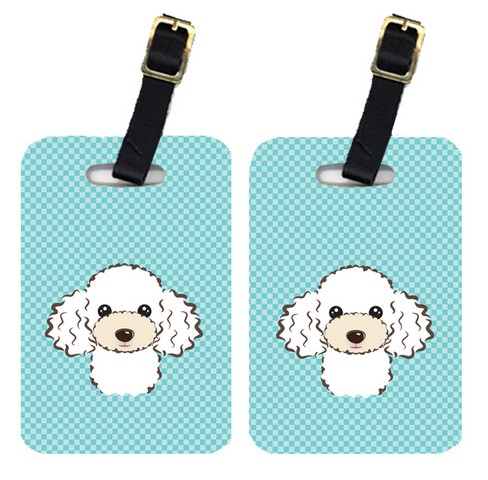 Pair Of Checkerboard Blue White Poodle Luggage Tags