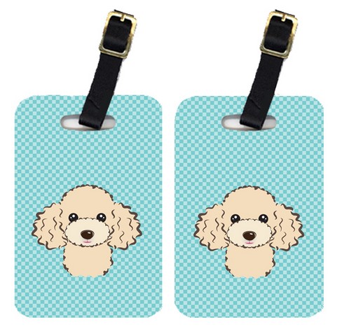 Pair Of Checkerboard Blue Buff Poodle Luggage Tags