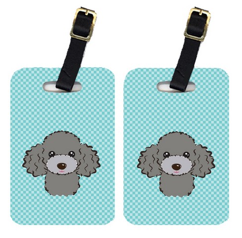 Pair Of Checkerboard Blue Silver Gray Poodle Luggage Tags
