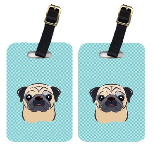 Pair Of Checkerboard Blue Fawn Pug Luggage Tags