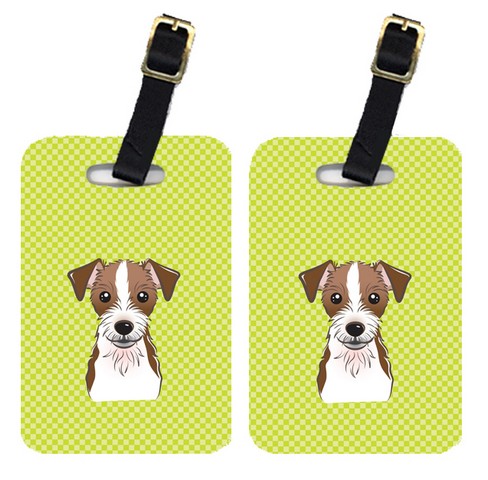 Pair Of Checkerboard Lime Green Jack Russell Terrier Luggage Tags