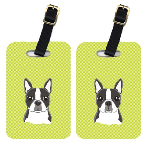 Pair Of Checkerboard Lime Green Boston Terrier Luggage Tags