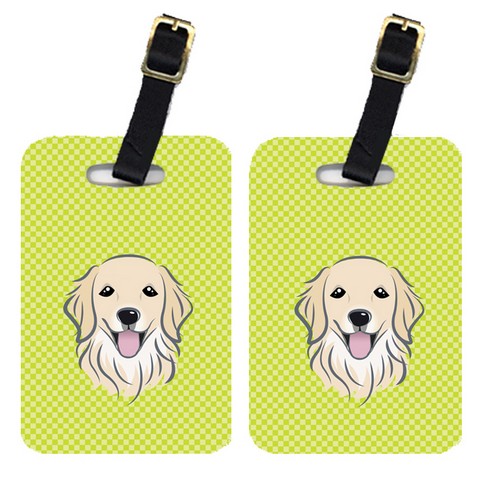 Pair Of Checkerboard Lime Green Golden Retriever Luggage Tags