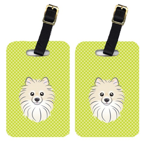 Pair Of Checkerboard Lime Green Pomeranian Luggage Tags