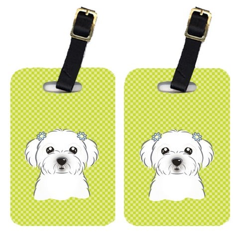 Pair Of Checkerboard Lime Green Maltese Luggage Tags