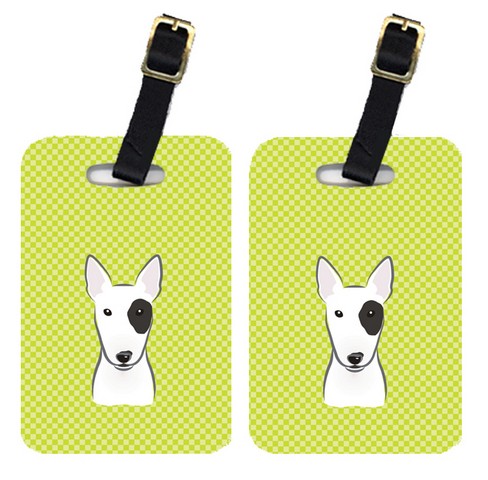 Pair Of Checkerboard Lime Green Bull Terrier Luggage Tags