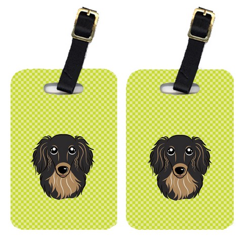BB1275BT Pair Of Checkerboard Lime Green Longhair Black And Tan Dachshund Luggage Tags