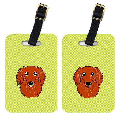 BB1276BT Pair Of Checkerboard Lime Green Longhair Red Dachshund Luggage Tags