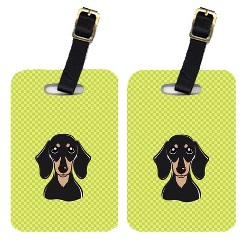 BB1277BT Pair Of Checkerboard Lime Green Smooth Black And Tan Dachshund Luggage Tags