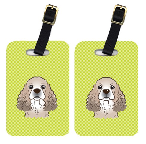 Pair Of Checkerboard Lime Green Cocker Spaniel Luggage Tags