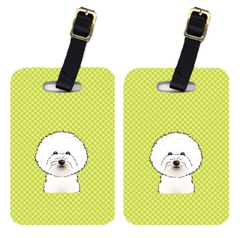 Pair Of Checkerboard Lime Green Bichon Frise Luggage Tags