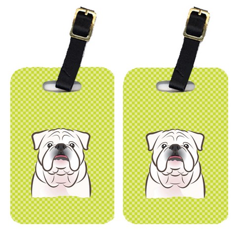 Pair Of Checkerboard Lime Green White English Bulldog Luggage Tags