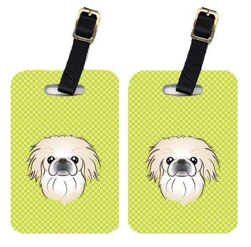 Pair Of Checkerboard Lime Green Pekingese Luggage Tags