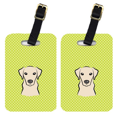 Pair Of Checkerboard Lime Green Yellow Labrador Luggage Tags