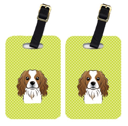Pair Of Checkerboard Lime Green Cavalier Spaniel Luggage Tags