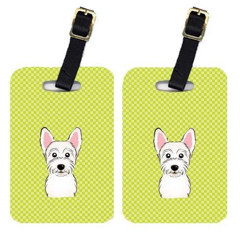 Pair Of Checkerboard Lime Green Westie Luggage Tags