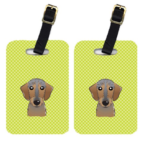 Pair Of Checkerboard Lime Green Wirehaired Dachshund Luggage Tags