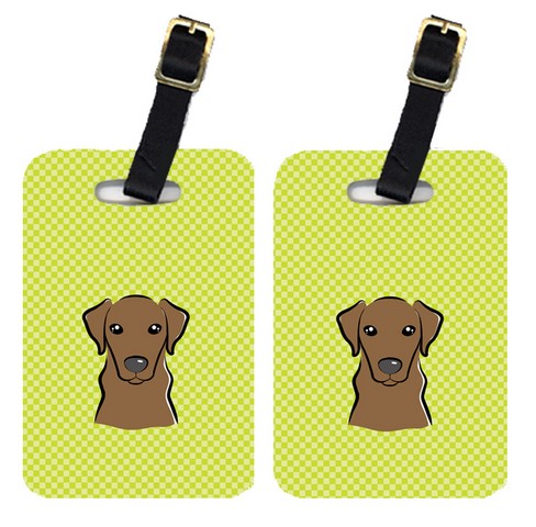 Pair Of Checkerboard Lime Green Chocolate Labrador Luggage Tags
