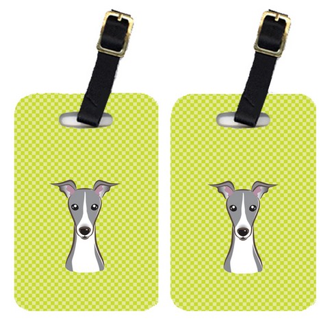 Pair Of Checkerboard Lime Green Italian Greyhound Luggage Tags