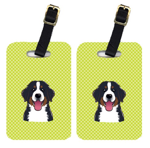 Pair Of Checkerboard Lime Green Bernese Mountain Dog Luggage Tags