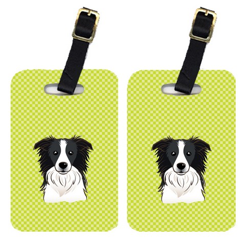 Pair Of Checkerboard Lime Green Border Collie Luggage Tags
