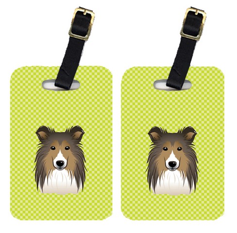Pair Of Checkerboard Lime Green Sheltie Luggage Tags