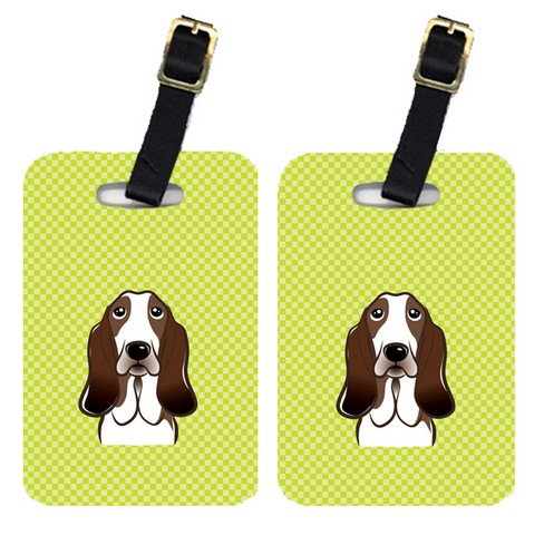 Pair Of Checkerboard Lime Green Basset Hound Luggage Tags