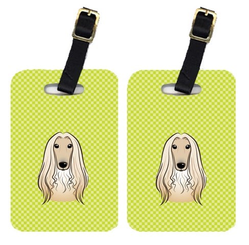 Pair Of Checkerboard Lime Green Afghan Hound Luggage Tags