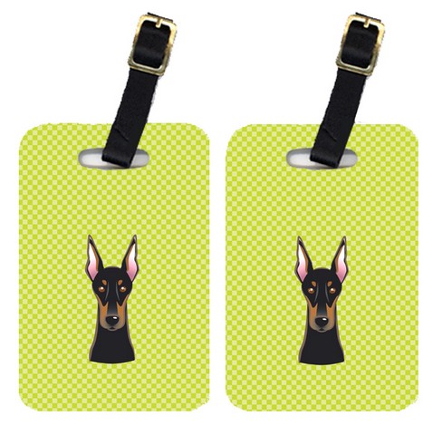Pair Of Checkerboard Lime Green Doberman Luggage Tags