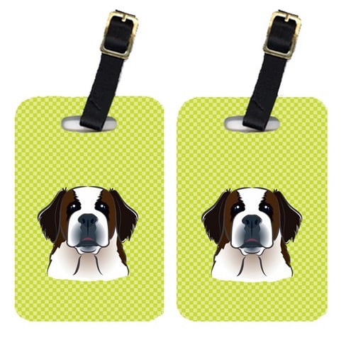 Pair Of Checkerboard Lime Green Saint Bernard Luggage Tags