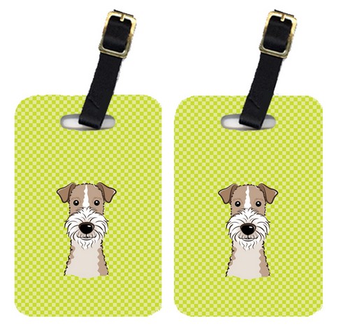 Pair Of Checkerboard Lime Green Wire Haired Fox Terrier Luggage Tags