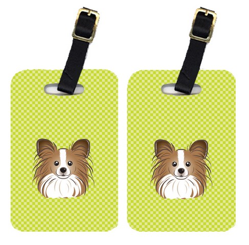 Pair Of Checkerboard Lime Green Papillon Luggage Tags