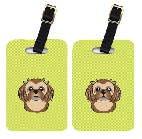 Pair Of Checkerboard Lime Green Chocolate Brown Shih Tzu Luggage Tags